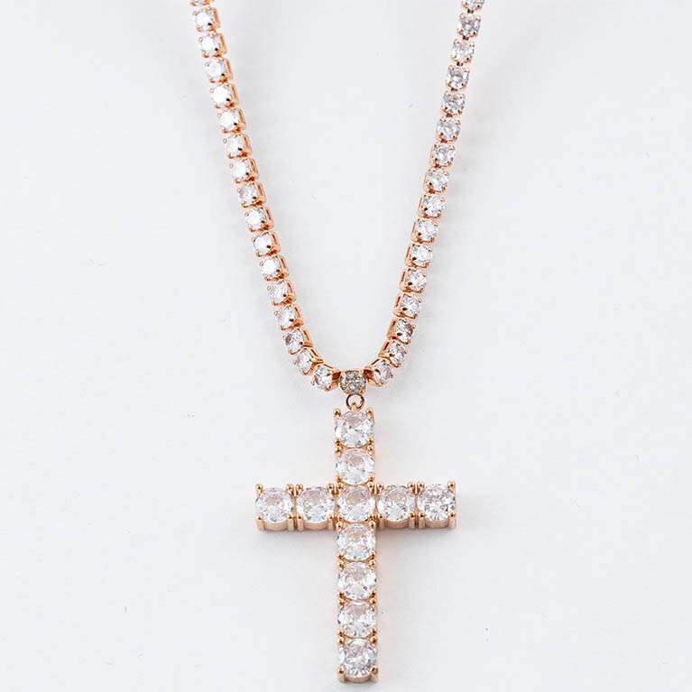 Collana tennis con croce - color oro rosa